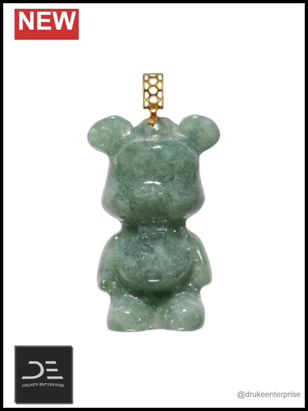 18K Solid Gold Natural Grade A Jadeite Teddy Bear Pendant Necklace Handcarved